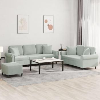 Conjunto de sofá de 3 piezas en terciopelo gris claro con almohadas