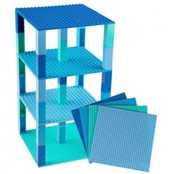 Pack de 4 Bases con 34 Ladrillos separadores 2 x 2 - Construcción en Forma de Torre - Compatible con Todas Las Marcas - 15,24 x 15,24 cm - Azul, Turquesa, Azul Verdoso, Azul Celeste