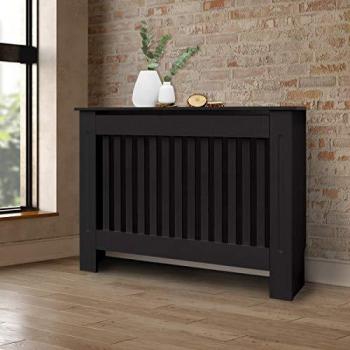 Cubierta de Radiador MDF 112x19x82 cm Negra Lacada Estilo Rústico con Superficie de Estantería Moderna