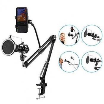 Neewer Micrófono Ajustable para Grabación con Suspensión Auge Tijera Brazo Soporte con Mic Forma Redonda Viento Filtro Pop Escudo, Montaje de Choque y Sostenedor de Teléfono, Negro