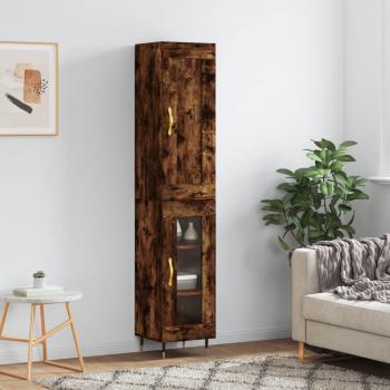 Aparador de madera contrachapada roble ahumado 34,5x34x180 cm con 1 puerta de cristal, mueble de almacenaje de salón, buffet para salón, armario auxiliar y armario de almacenamiento