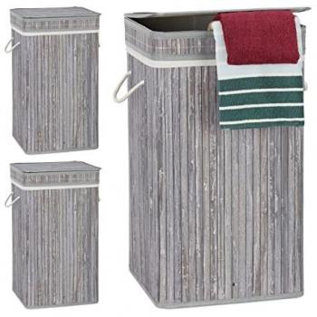 Cesto Ropa Sucia Plegable de Bambú con Tapa - Set de 3, Cuadrado, 70 L, Gris