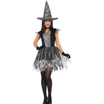 Disfraz de Bruja Telaraña Plateada para Mujer con Vestido y Sombrero, Talla 36-38 S