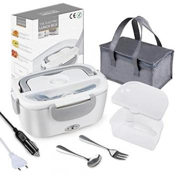 Fiambrera Electrica 2 en 1 12V/220V, Termo para Comida Coche y Trabajo Fiambrera Termica Termo Comida Caliente Acero Inoxidable 1.5L 40W, Tartera Eléctrica Portatil Gris