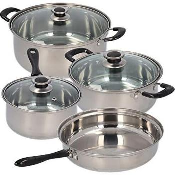 Santa Ana HG127 Batería de Cocina 7 Piezas: cazo Ø16 y cacerolas Ø18 respectivas Tapas, y sartén Ø24 cm, Acero Inoxidable