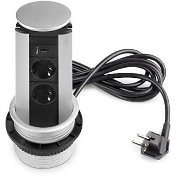 Multiconector Elevable USB Emuca, diámetro 100mm, 2 enchufes Schuko, 1 puerto USB tipo A, acabado anodizado mate en plástico y aluminio, color gris metalizado