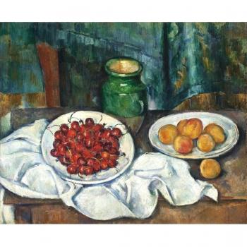 Todavía vida con cerezas y melocotones por Paul Cezanne. 100% pintado a mano. Óleo sobre lienzo. Reproducción de alta calidad. Envío gratis
