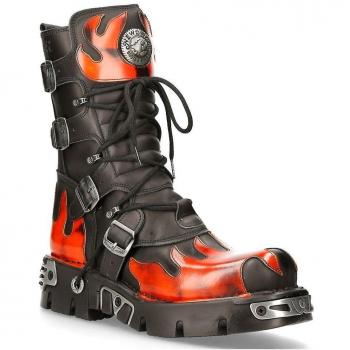 New Rock Unisex Black/Red Leather Flame Boots 591-S1 EU 46