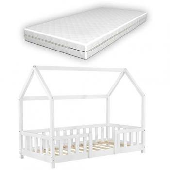 Cama para niños Sisimiut forma de casa con colchón 80x160 cm blanco mate