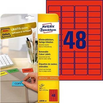 Etiquetas Avery Zweckform L6038-20, 45.7 x 21.2 mm, rojas, 960 etiquetas (20 hojas), removibles y personalizables para impresión láser/inkjet