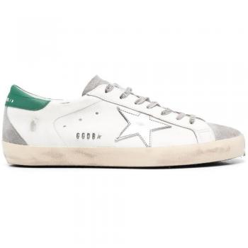 Golden Goose Men's Super-Star Sneakers, White/Green, Size 44, Leather and Suede Upper, Rubber Sole
