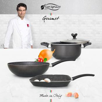 San Ignacio Set Master Batería De Cocina Gourmet, Aluminio Prensado, Gris Oscuro, Cacerola De Ø20 Wok De Ø28 Y Sartén Grill De 28X28