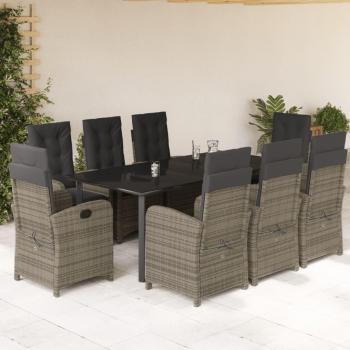 9-Piece Grey Poly Rattan Garden Dining Set with Cushions