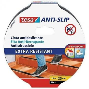 tesa Cinta Antideslizante , Cinta Adhesiva Antideslizante para Interiores y Exteriores , adecuado para Escalones, Rampas y Suelos Resbaladizos , Negro , 15 m x 25 mm