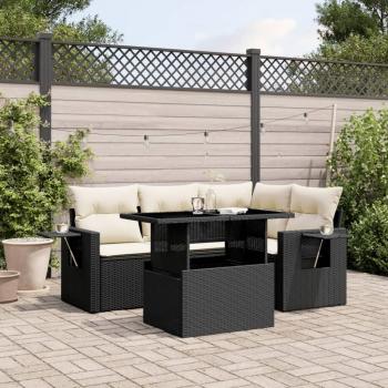 5-Piece Black Poly Rattan Garden Sofa Set with Cushions