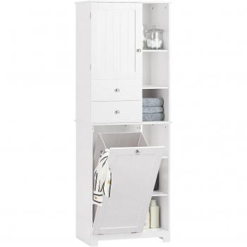 SoBuy Armario Alto de Baño con Cesto para Ropa Sucia BZR104-W Blanco, Mueble Columna Multifuncional, 1 Puerta, 6 Estantes, 2 Cajones, Dimensiones: 60