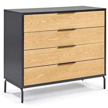 Kave Home - Cómoda Savoi 100 x 90 cm con 4 cajones de Madera, Chapa de Roble y Estructura de Acero en Negro