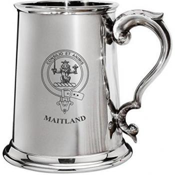 Maitland Family Crest Polished Pewter 1 Pint Tankard with Scroll handle