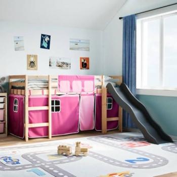 Cama alta para niños con cortinas de madera de pino rosa 90x200 cm
