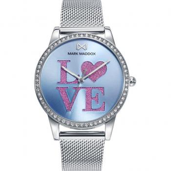 Reloj Mark Maddox Tooting Mujer MM0130-30 Analógico Cuarzo Esfera Azul Palabra 'Love' Glitter Rosa Bisel Plateado
