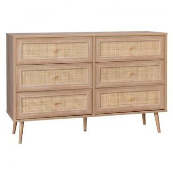 Cómoda Bohemia de 6 Cajones con Efecto Madera y Caña, Natural, 120x39x79 cm
