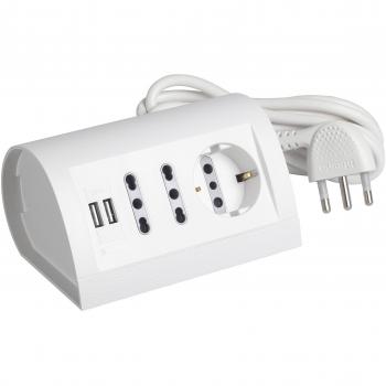 Multipresa de escritorio Bticino blanca con 2 tomas USB, 2 tomas bipaso 10/16A y 1 toma Schuko P30, cable de 2 metros
