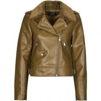 Cazadora biker corta de mujer Only ONLVILHEMA verde oliviva con pelo en el cuello