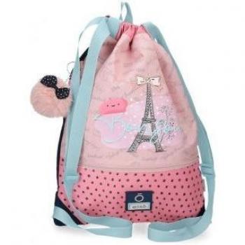 Mochila Saco Enso Bonjour Rosa con Bolsillo Frontal y Asas Ajustables para Niña