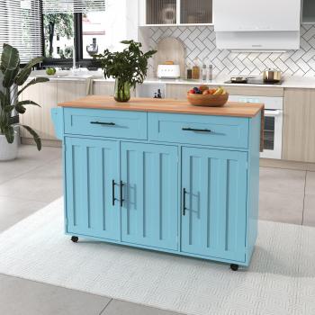 Aparador móvil extensible con consola plegable - 2 cajones + puertas de armario - ruedas o patas de madera maciza - azul cielo