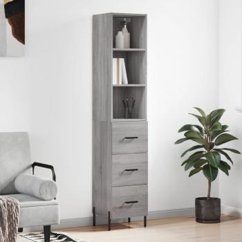 Aparador alto de madera contrachapada gris Sonoma 34,5x34x180 cm con 3 cajones, mueble de almacenaje para salón, buffet y armario auxiliar
