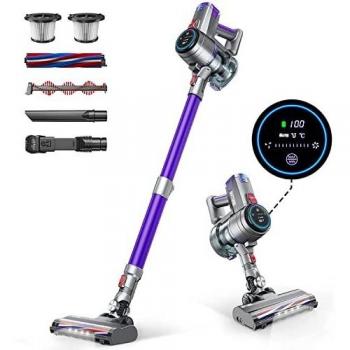 BuTure Aspiradora sin Cable, 400W/33kPa Aspiradora Escoba sin Cable Potente 3 en 1, Pantalla Táctil, Autonomía 55min, 3 Modos y 4 Cepillos para Suelos/Alfombras/Pelo de Mascotas