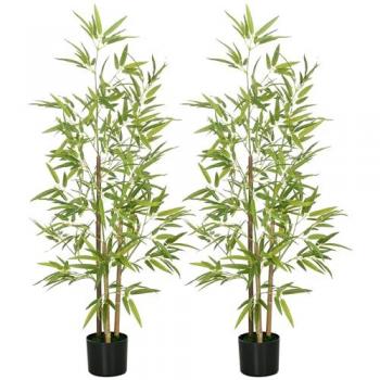 Plantas Artificiales de Bambú HOMCOM con Maceta - 2 Piezas, 498 Hojas, Decoración para Salón Oficina Casa, Ø15x120 cm, Color Verde