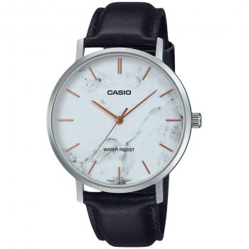 Casio Men's Quartz Analog Watch with Marble-Inspired White Dial and Black Leather Strap