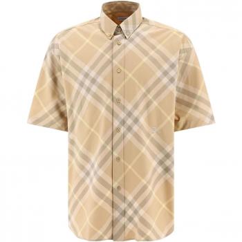 Burberry Men's Check Cotton Shirt - Short Sleeve, Beige, Size Large