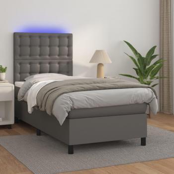 Cama box spring y colchón LED cuero sintético gris 80x200 cm