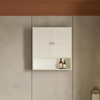 Mueble Colgante de Madera Decapada Toscana con 2 Puertas y Compartimento Abierto en Blanco