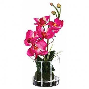 Composición de Orquídeas Artificiales en Jarrón de Cristal - H37 cm - Rosado