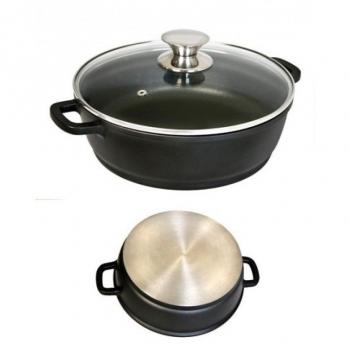 WECOOK! Ecostone Cazuela Baja Inducción con Tapa de Cristal 30 cm, Antiadherente XTRA DUPON Ecológico sin PFOA, Aluminio Fundido, 5mm Espesor, 7,5cm Alto, Asas Silicona, Vitrocerámica, Gas