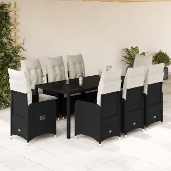 9-Piece Black Poly Rattan Garden Bistro Set with Cushions