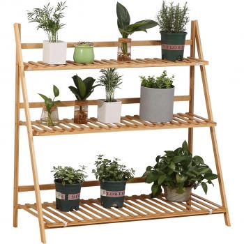 Outsunny Estantería para Plantas de 3 Niveles de Bambú Escalera para Flores Plegable