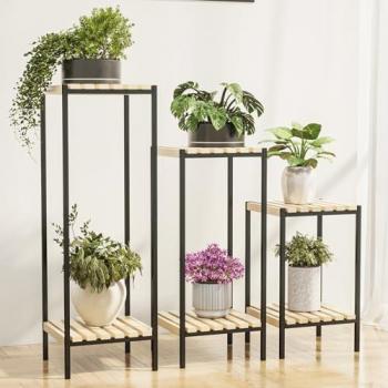 Set de 3 Mesas Auxiliares de Columna para Plantas en Pino y Metal - Natural y Negro