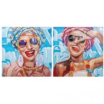 Set de 2 Lienzos Mujer 100% Pintado a Mano 80x3x80 Cm - Decoración de Pared Moderna Multicolor