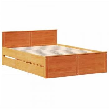 Cama solar sin colchón con cabecera de cera marrón 150x200 pino, Madera maciza marrón, 150x200 cm, Cama Doble, somier, Marco de Cama Doble