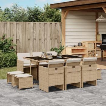 Set de almuerzo de jardín 11 piezas con almohadas de Polyrattan beige