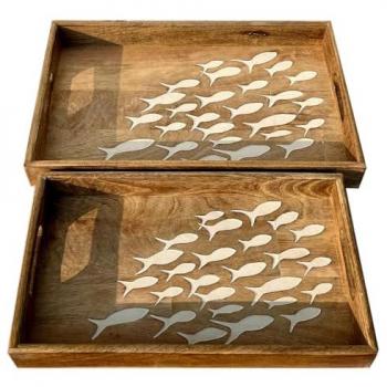 Bandeja de Decoración Rectangular Marrón con Diseño de Peces - Set de 2 Unidades (5x38x23cm)
