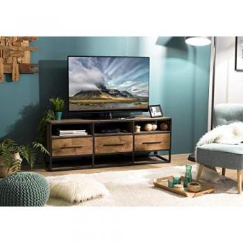 Mueble TV MACABANE de teca reciclada y metal negro con 3 estantes y 3 cajones