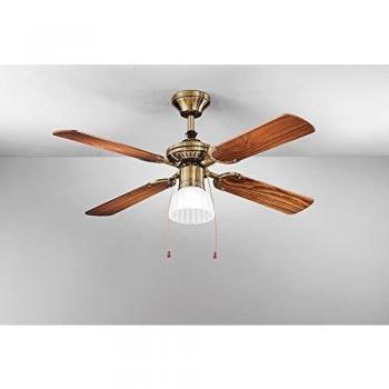 Ventilador de Techo con Luz en Metal Color Bronce Antiguo, 4 Palas, Kit de Luz Vidrio Satinado E27, Potencia Motor 22W-45W, Control por Cadena y Mando a