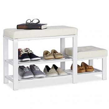 Banco Zapatero con Taburete, 2 Niveles, Piel Sintética y Metal, Blanco, 50 x 90 x 30,5 cm