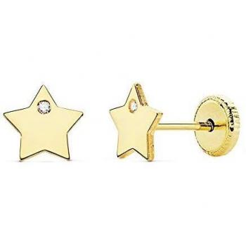 Pendientes Oro 18K Niña 6mm. Estrella Lisa Punta Circonita Cierre Tuerca