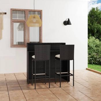 3-Piece Black Garden Bar Set with Cushions